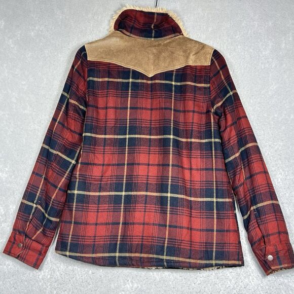 Altar’d State Jacket Women’s Medium Sherpa Lined Burgundy Plaid Coat Snap Button - Picture 9 of 12